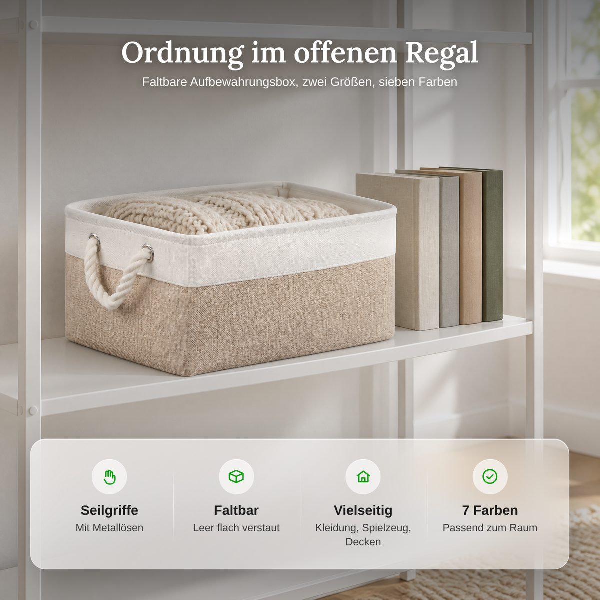 Vorteile der Aufbewahrungsbox: Seilgriffe, faltbar, vielseitig, sieben Farben