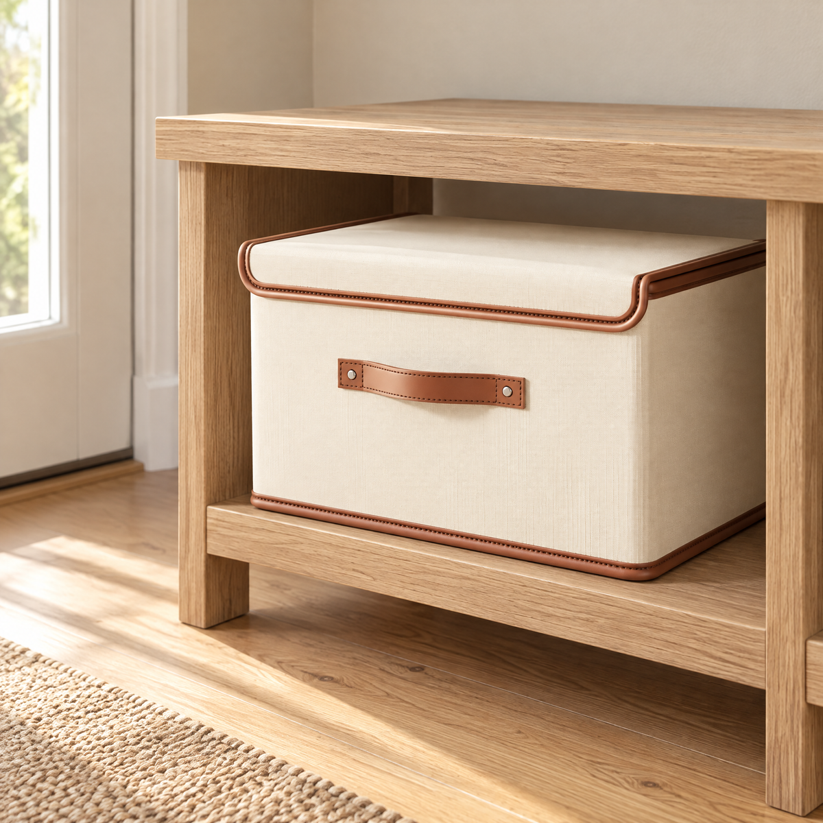 Faltbare Aufbewahrungsbox mit Deckel in Creme im Flur unter der Sitzbank