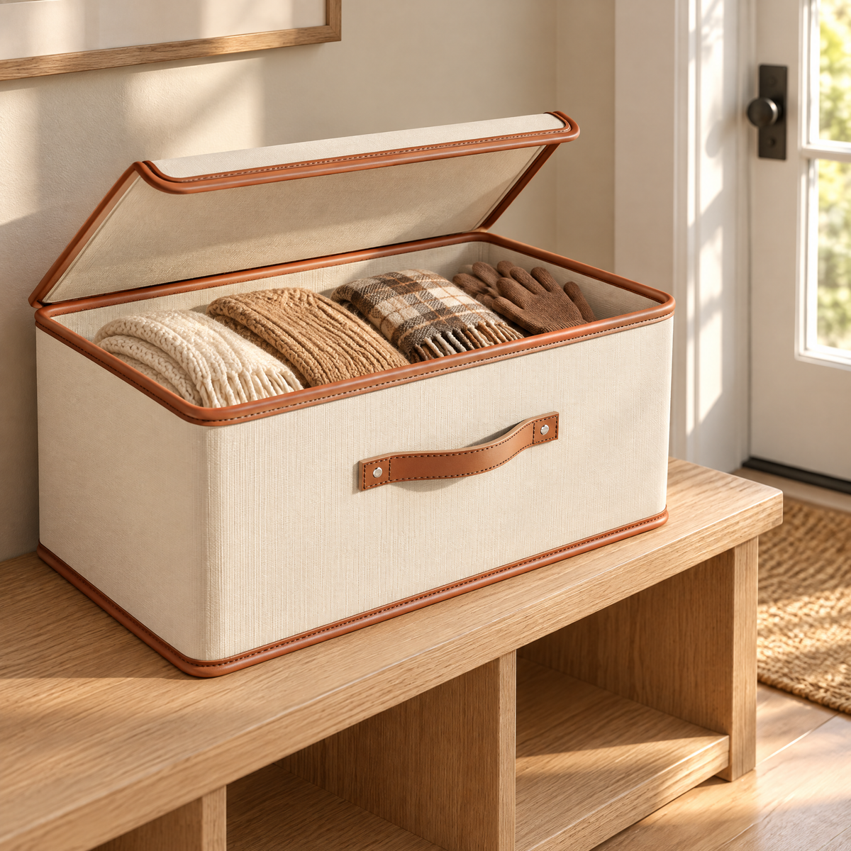 Offene Aufbewahrungsbox in Creme mit Schals und Handschuhen auf der Flurbank