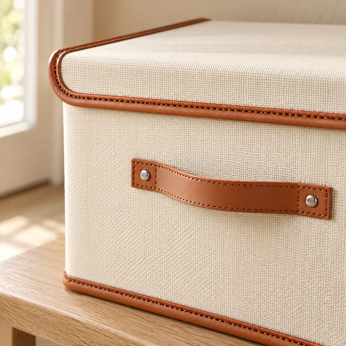 Detail der Aufbewahrungsbox: Stoffstruktur, braune Kante und Griff in Lederoptik