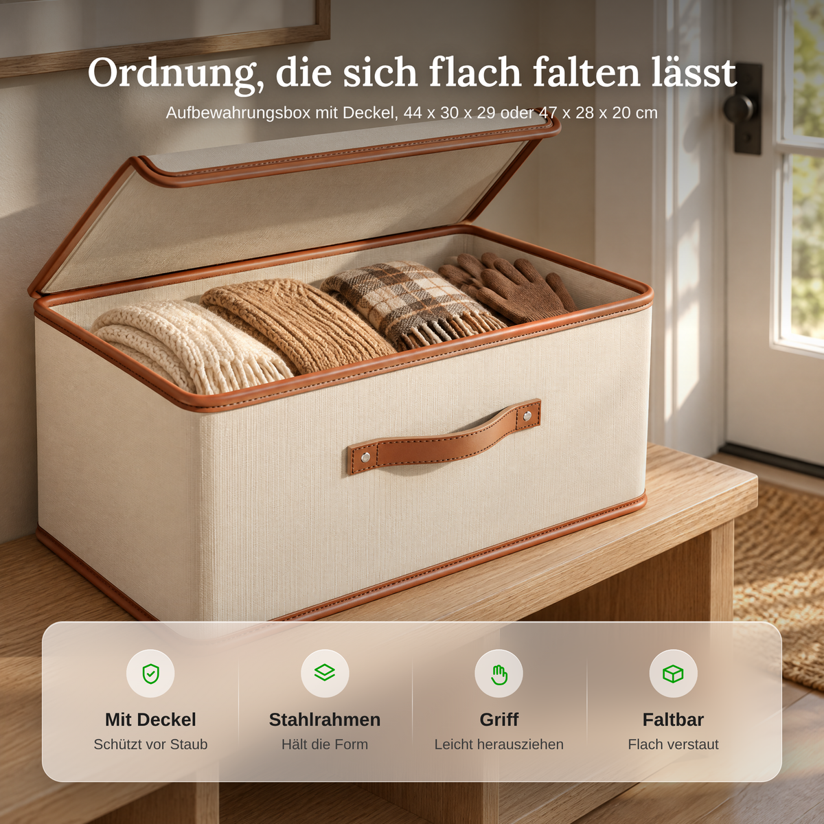Vorteile der Aufbewahrungsbox: Deckel, Stahlrahmen, Griff, faltbar