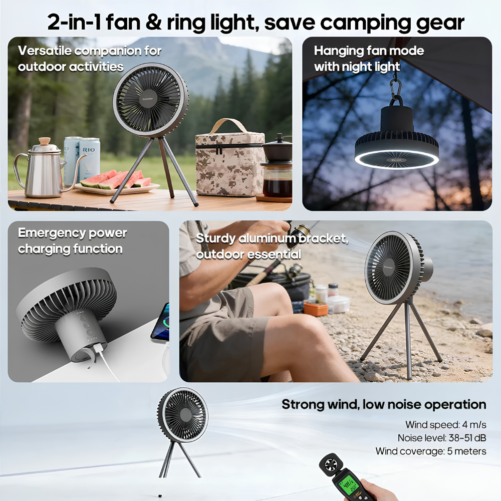 Camping Ventilator mit LED Licht USB Akku Powerbank Hängend oder mit Stativ für Zelt Outdoor
