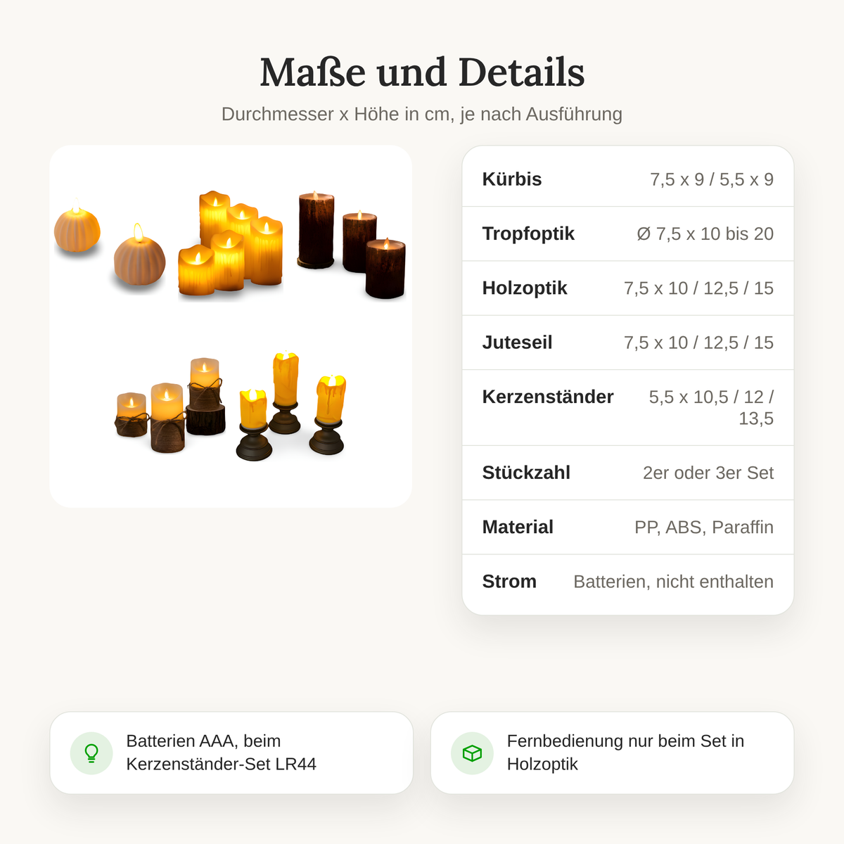 Maße und Details der LED Kerzen in fünf Designs