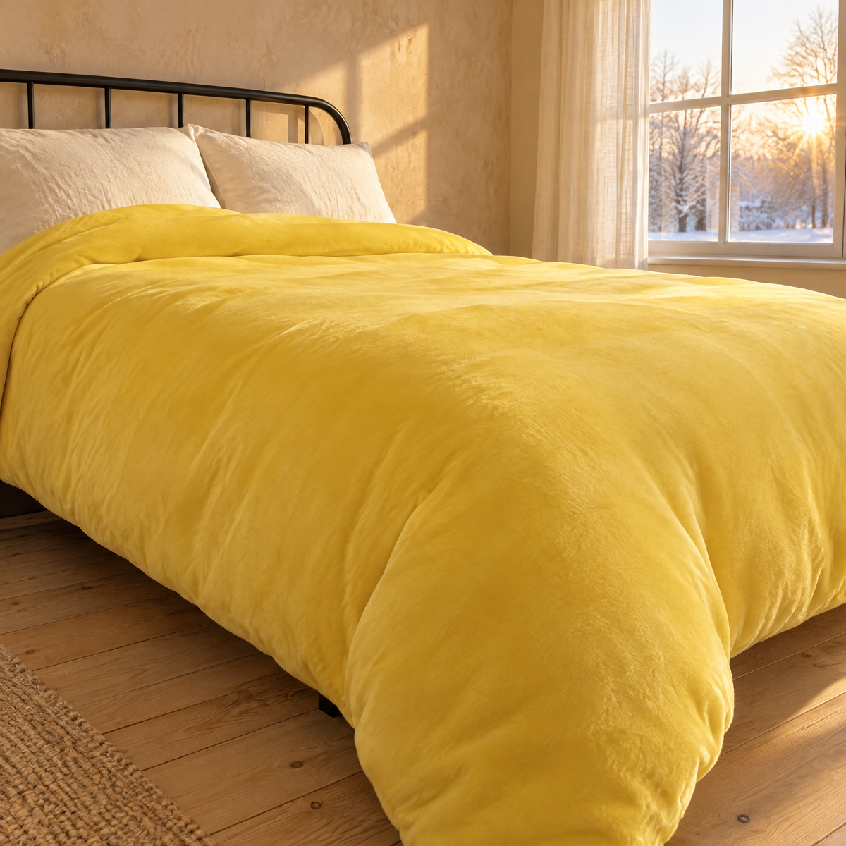 Gelber Flanell Bettbezug auf einem Metallbett im Winterschlafzimmer mit tief stehender Sonne