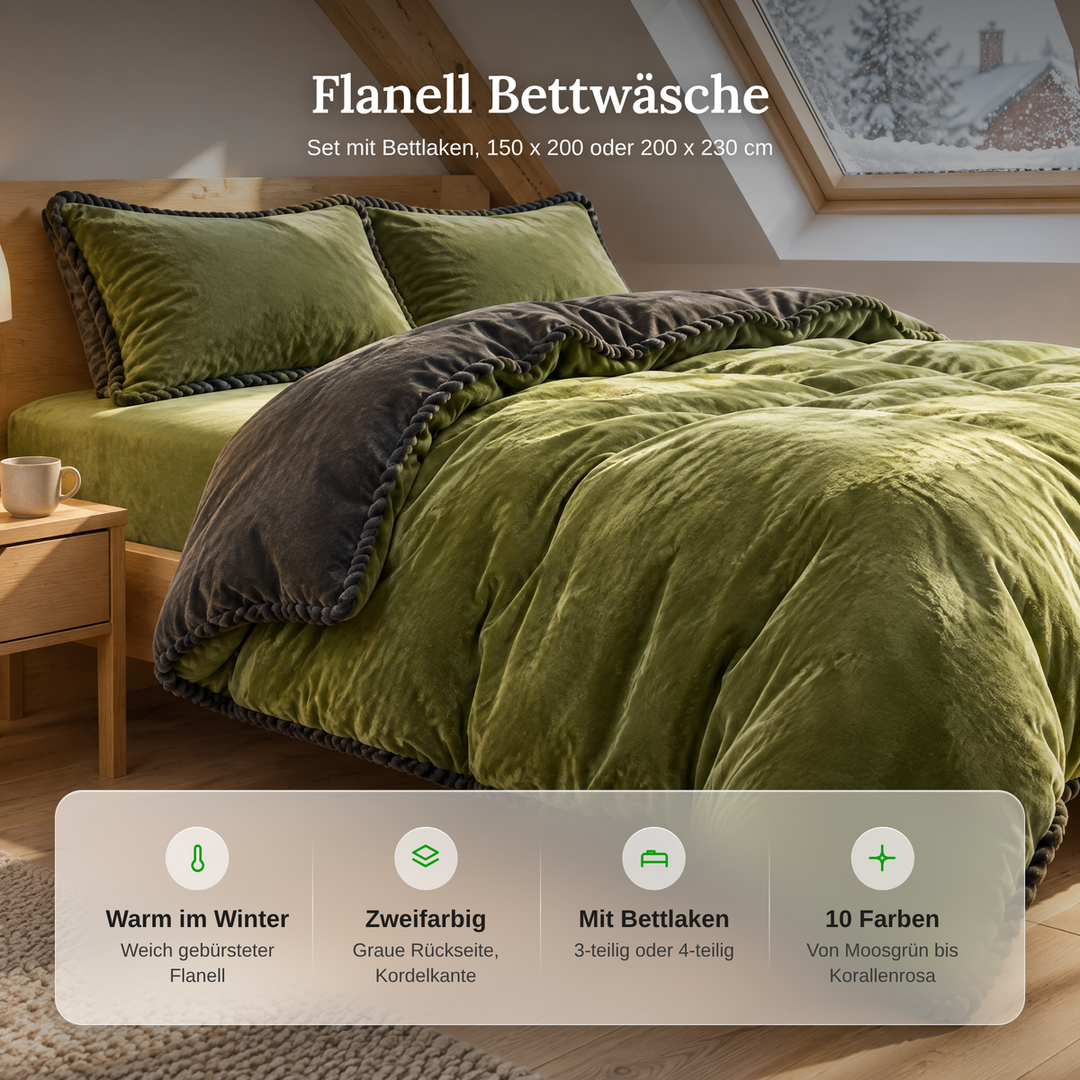 Vorteile der Flanell Bettwäsche: warm im Winter, zweifarbig mit Kordelkante, mit Bettlaken, 10 Farben