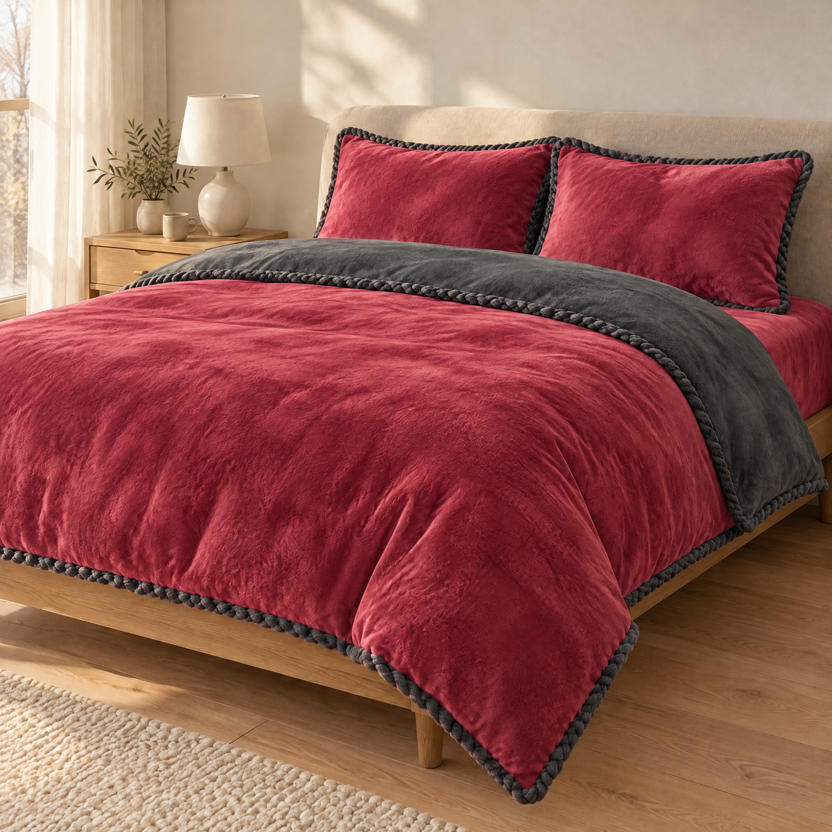 Flanell Bettwäsche in Beerenrot mit dunkelgrauer Rückseite und Kordelkante auf einem gemachten Doppelbett im hellen Schlafzimmer