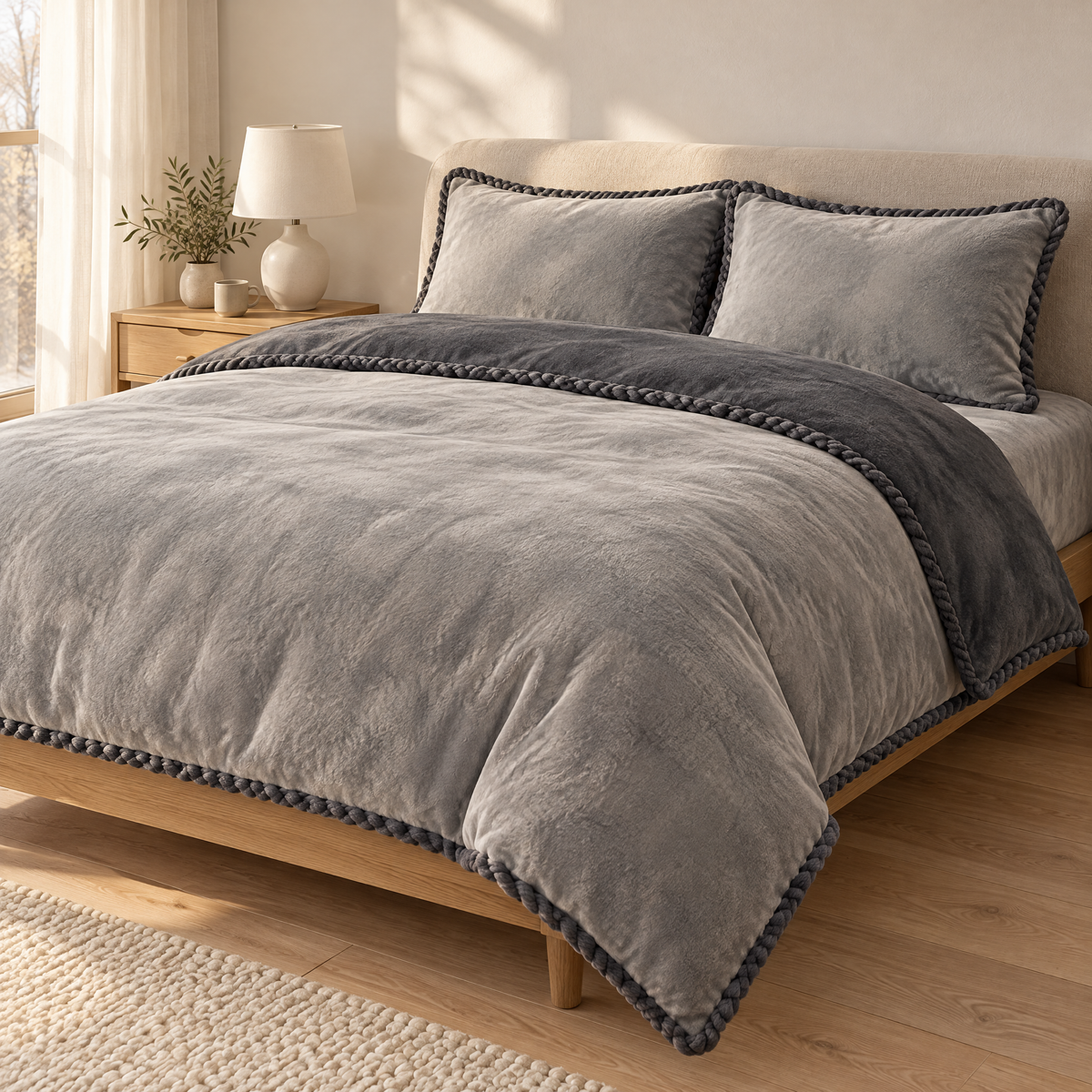 Flanell Bettwäsche in Taubengrau mit dunkelgrauer Rückseite und Kordelkante auf einem gemachten Doppelbett im hellen Schlafzimmer