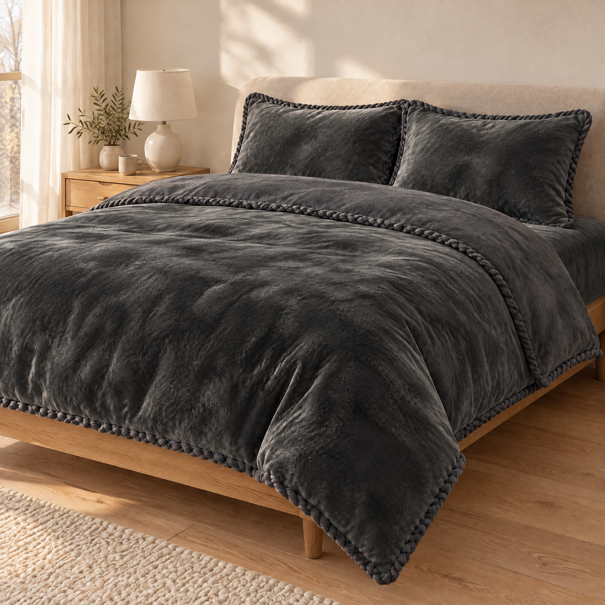 Flanell Bettwäsche in Anthrazit mit dunkelgrauer Rückseite und Kordelkante auf einem gemachten Doppelbett im hellen Schlafzimmer