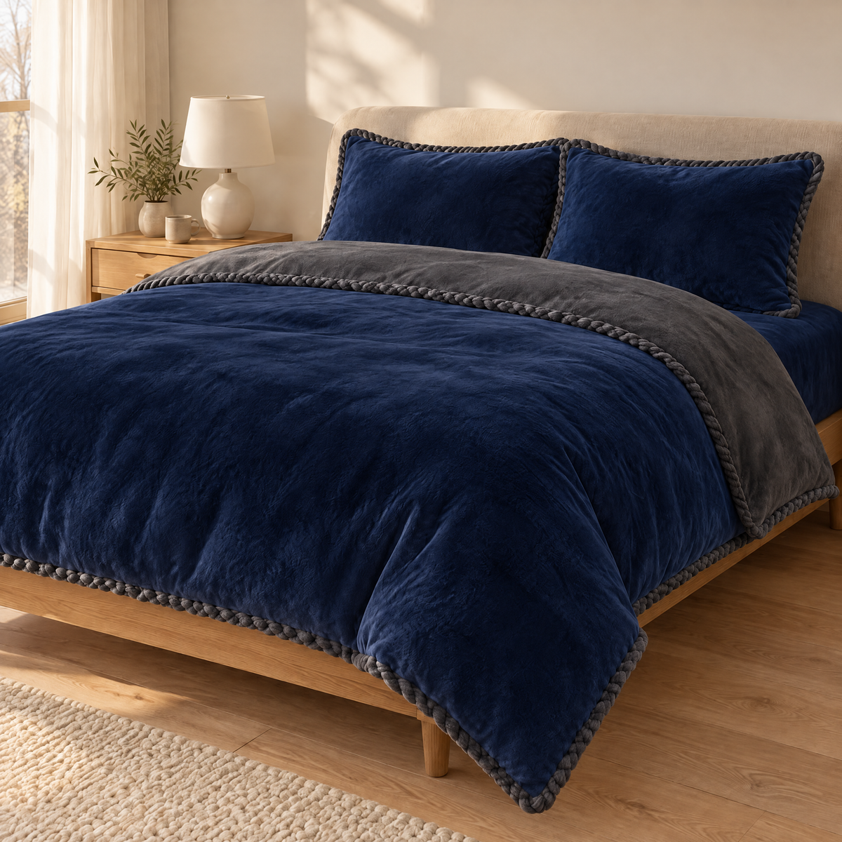 Flanell Bettwäsche in Mitternachtsblau mit dunkelgrauer Rückseite und Kordelkante auf einem gemachten Doppelbett im hellen Schlafzimmer