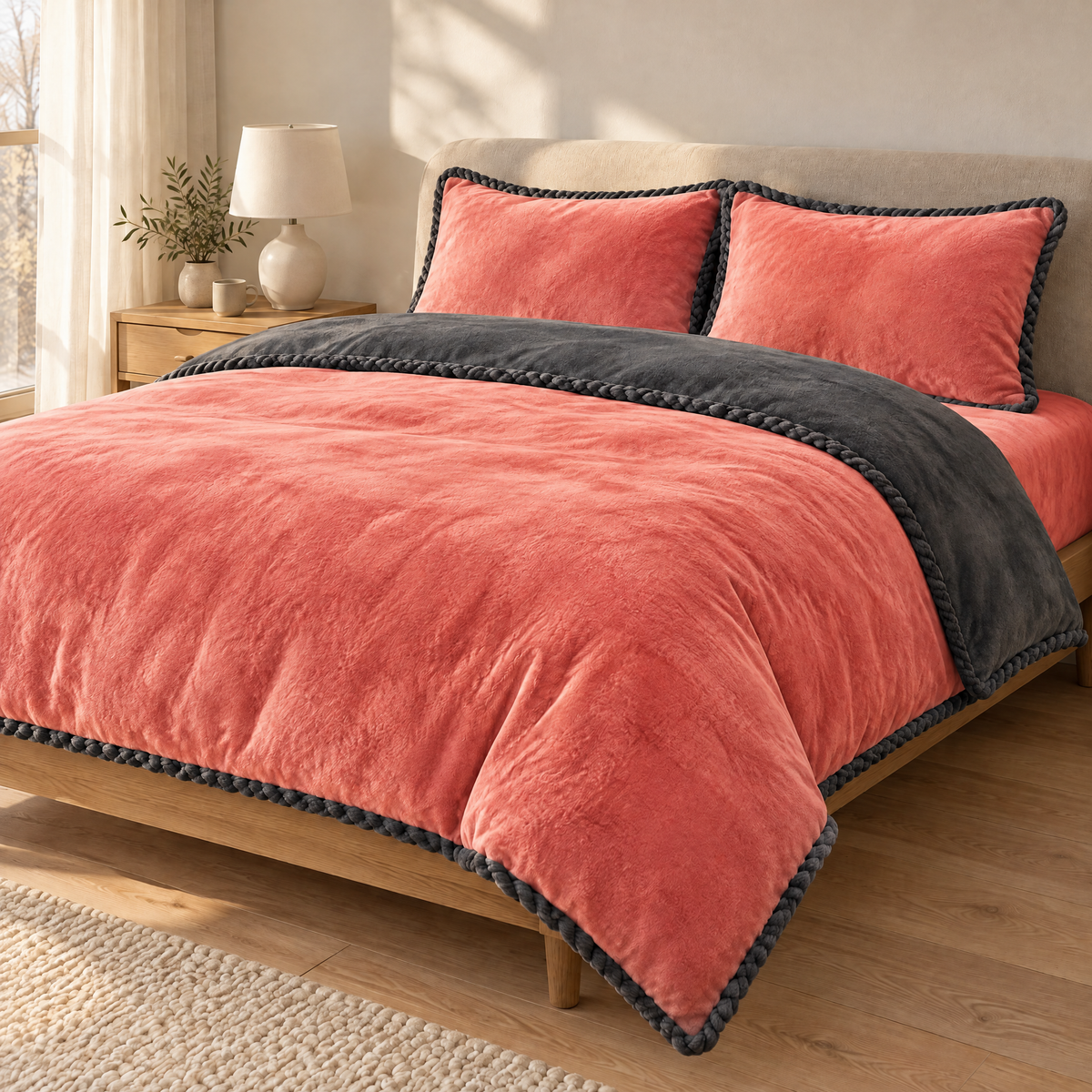 Flanell Bettwäsche in Korallenrosa mit dunkelgrauer Rückseite und Kordelkante auf einem gemachten Doppelbett im hellen Schlafzimmer