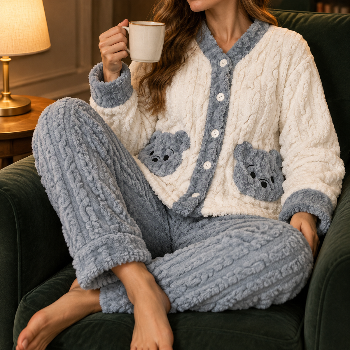 Flanell Pyjama Damen in Creme und Blau, Frau sitzt mit Teetasse im Sessel