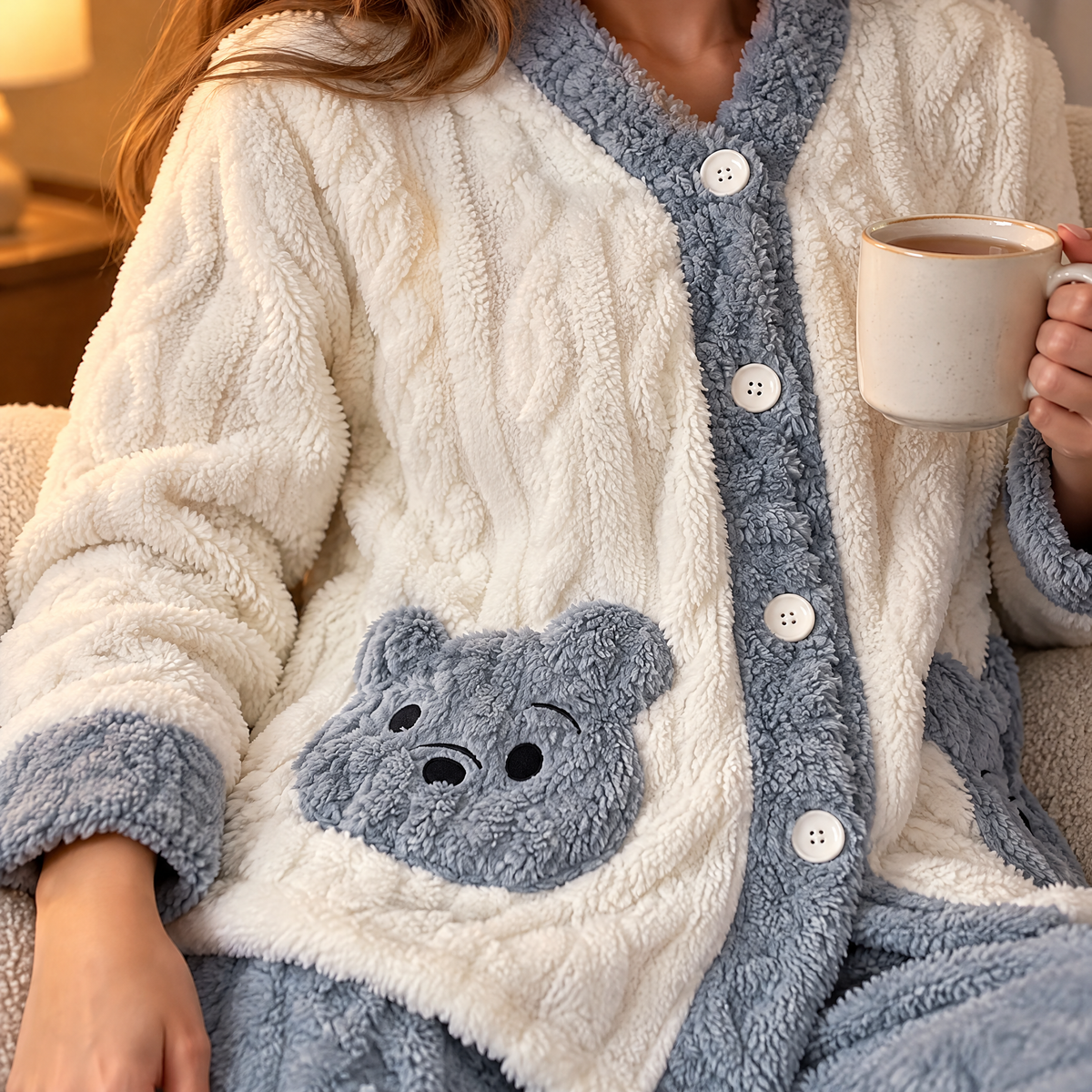Nahaufnahme einer Tasche des Flanell Pyjamas Damen in Creme und Blau