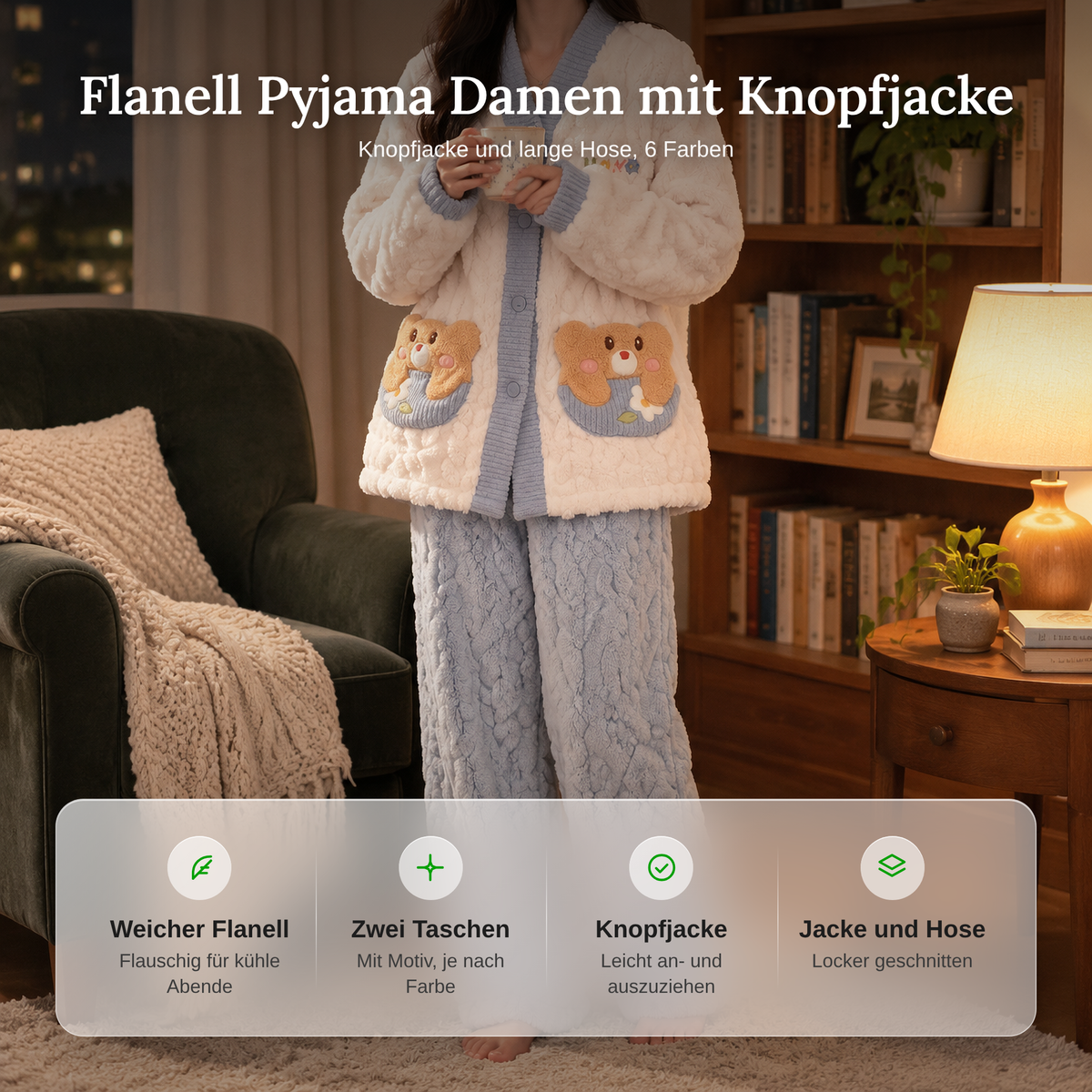 Vorteile des Flanell Pyjamas Damen mit Knopfjacke: weicher Flanell, zwei Taschen mit Motiv, Knopfjacke, Jacke und Hose locker geschnitten, 6 Farben