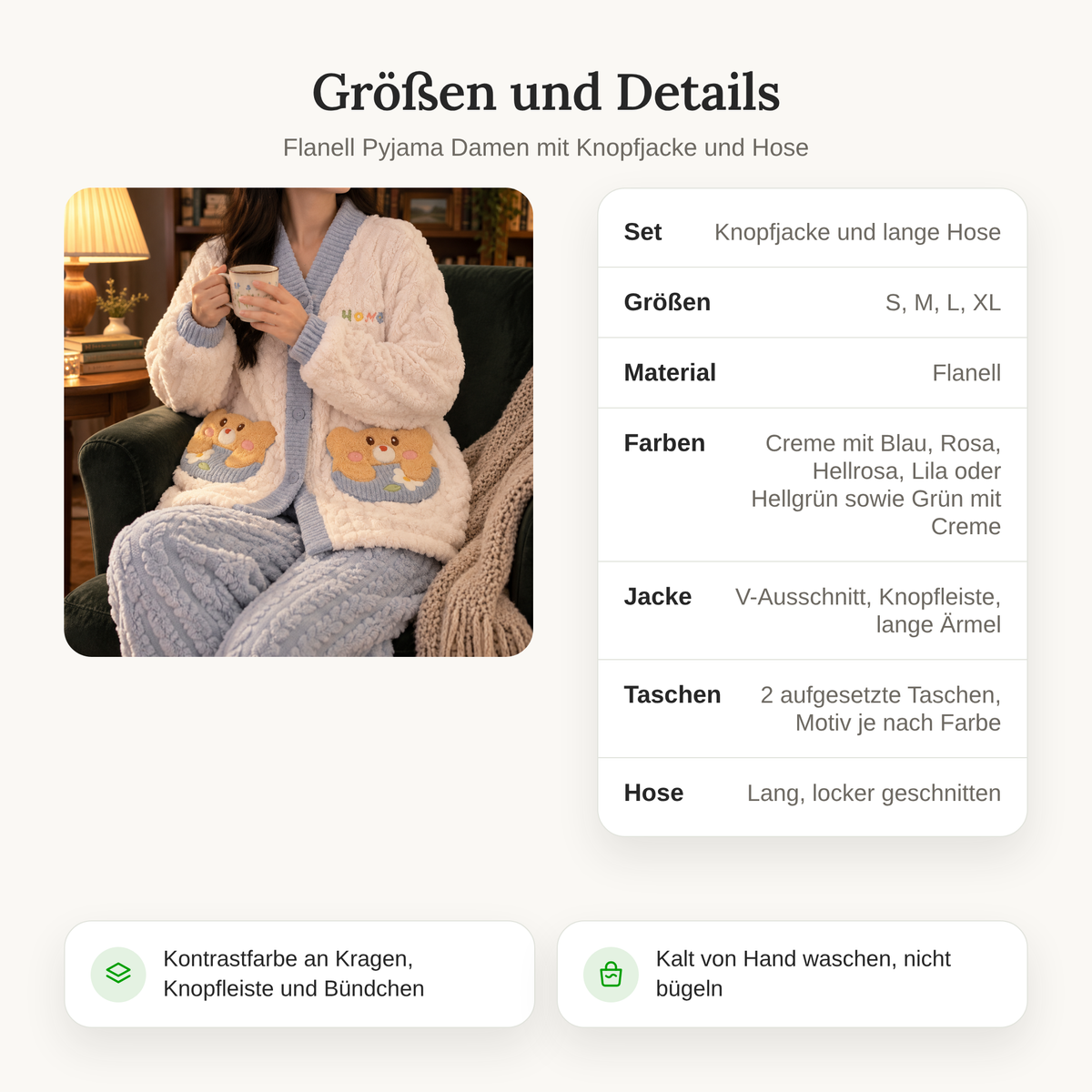 Größen und Details des Flanell Pyjamas Damen: Knopfjacke und lange Hose, Größen S bis XL, sechs Farben