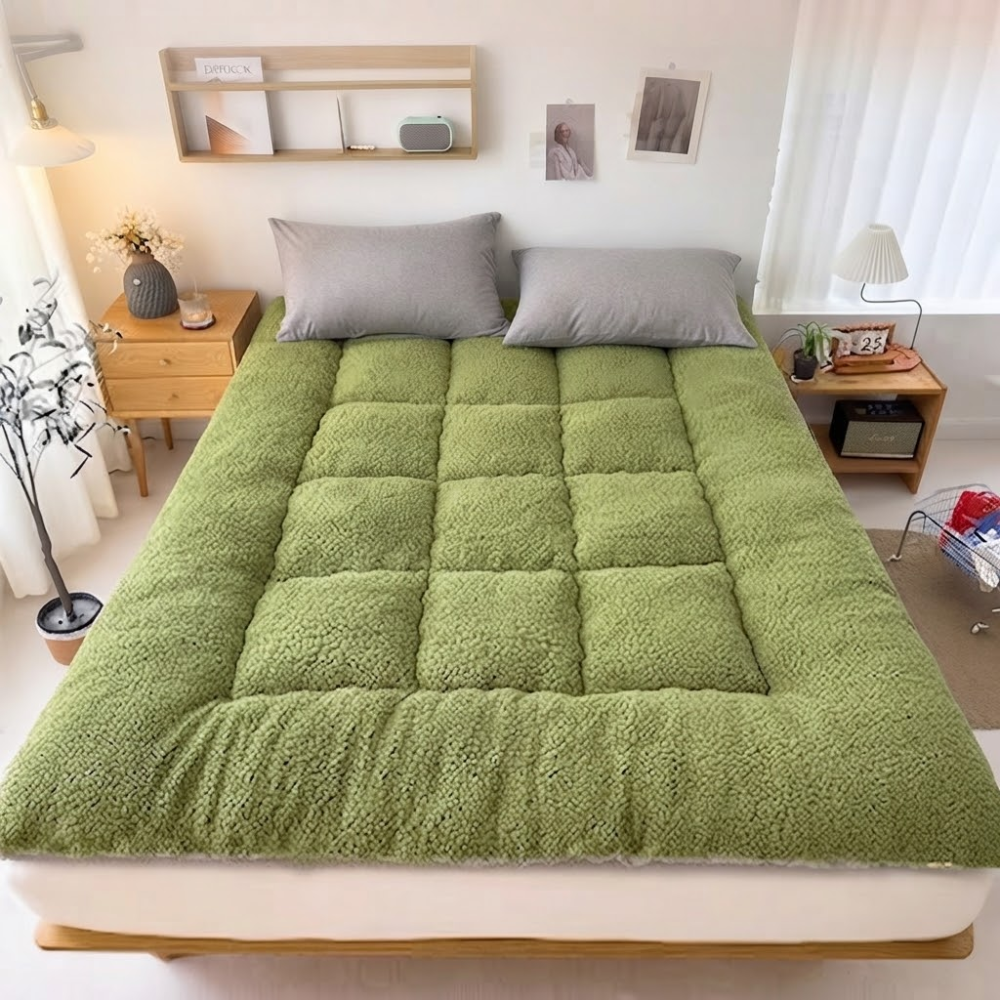Salbeigrüner Matratzentopper auf dem Bett
