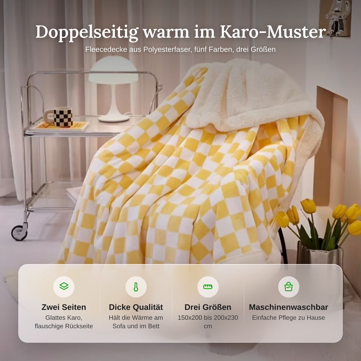 Merkmale der Fleecedecke: doppelseitig, dicke Qualität, drei Größen und maschinenwaschbar