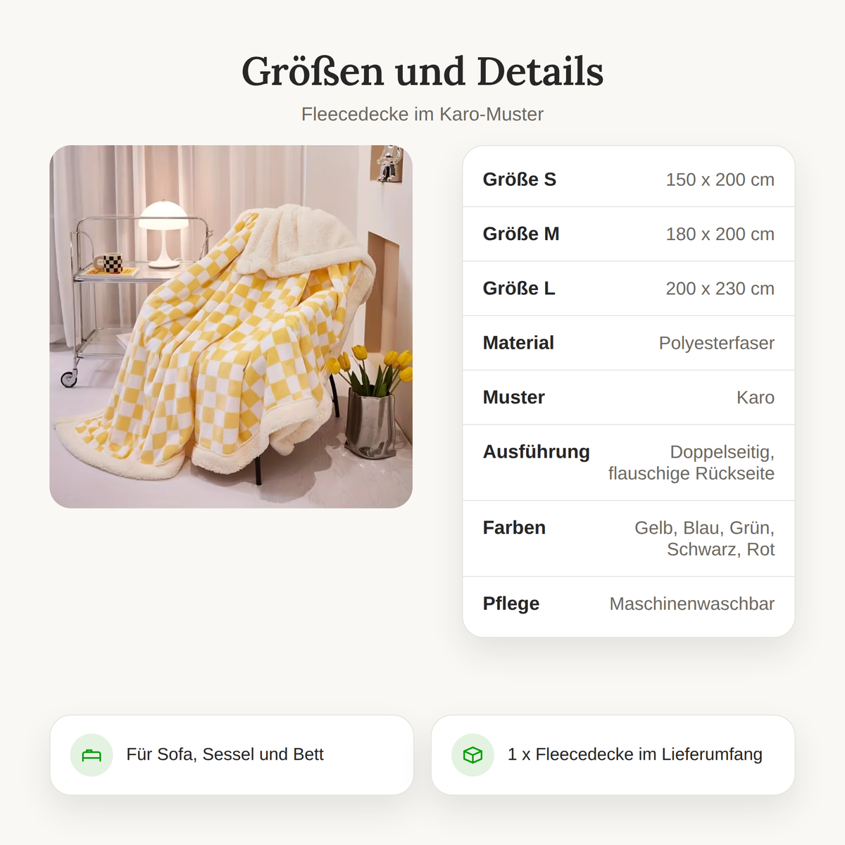 Größentabelle der Fleecedecke im Karo-Muster mit Maßen und Material