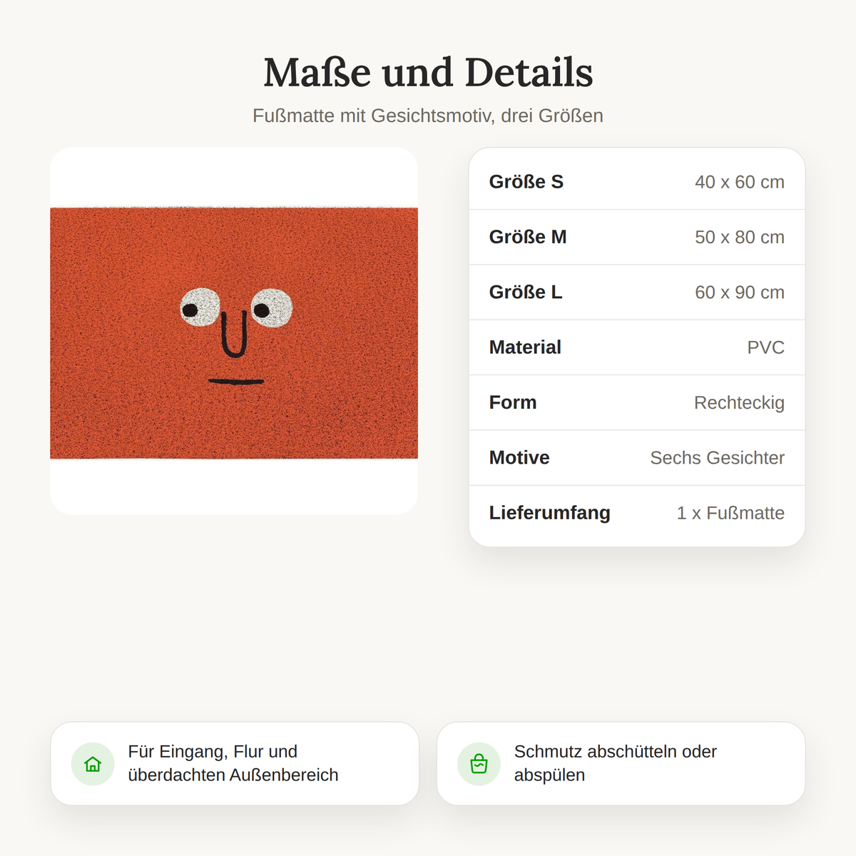 Maßtabelle der Fußmatte mit Gesichtsmotiv in 40x60, 50x80 und 60x90 cm aus PVC