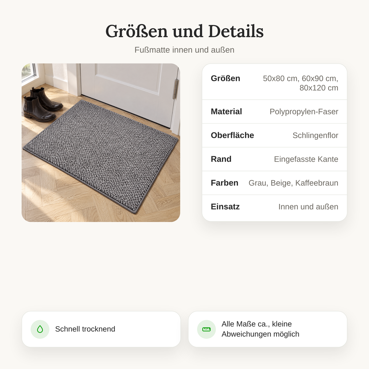 Größen und Details der Fußmatte: 50x80, 60x90 und 80x120 cm, Polypropylen-Faser, Schlingenflor, Grau, Beige, Kaffeebraun