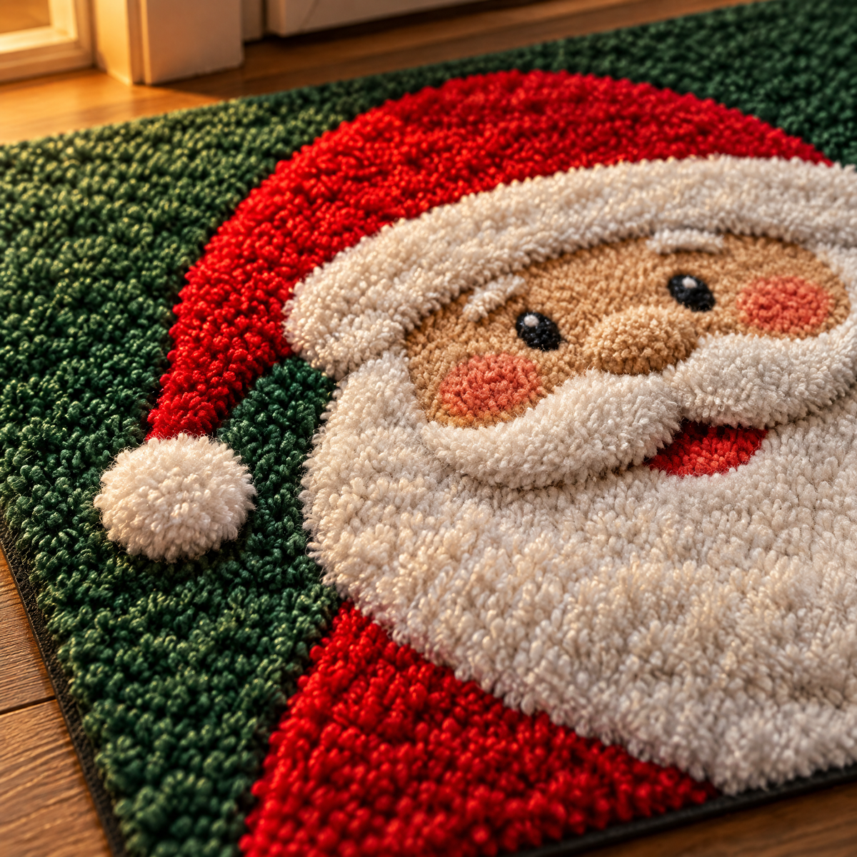 Nahaufnahme der Fußmatte Weihnachten: getufteter Bart und Mütze des Weihnachtsmanns