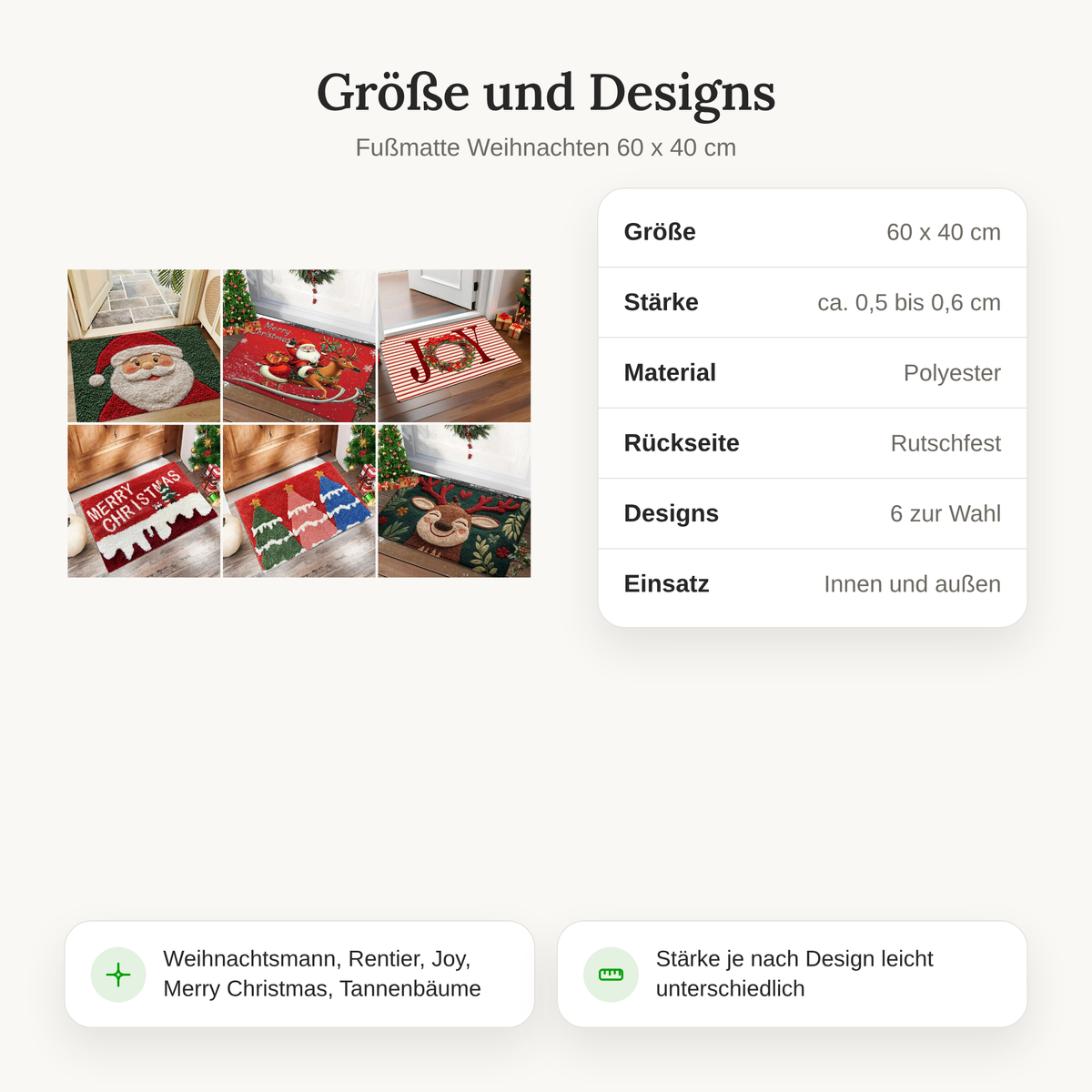 Größe und Designs der Fußmatte Weihnachten: 60 x 40 cm, ca. 0,5 bis 0,6 cm stark, Polyester, sechs Motive