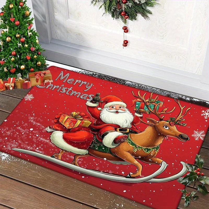 Rote Fußmatte Weihnachten mit Weihnachtsmann im Rentierschlitten und Schriftzug Merry Christmas