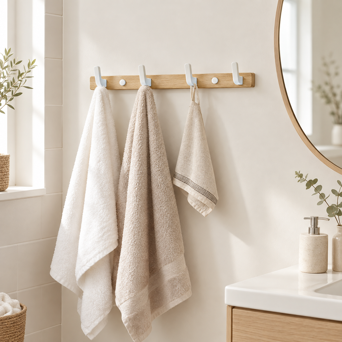 Hakenleiste in Weißbuche mit 4 weißen Haken und Handtüchern im hellen Badezimmer