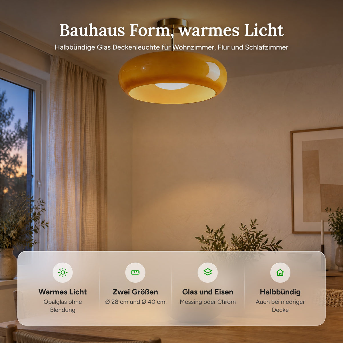 Merkmale der Glas Deckenleuchte: warmes Licht, zwei Größen, Glas und Eisen, halbbündige Montage