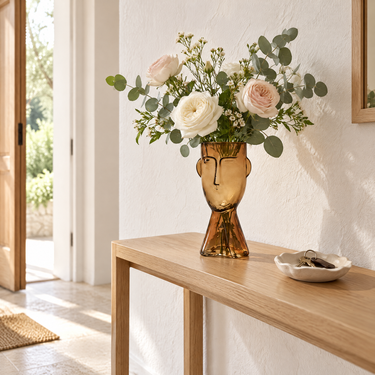 Glasvase mit Gesicht und frischem Blumenstrauß auf einer Flurkonsole vor weißer Putzwand