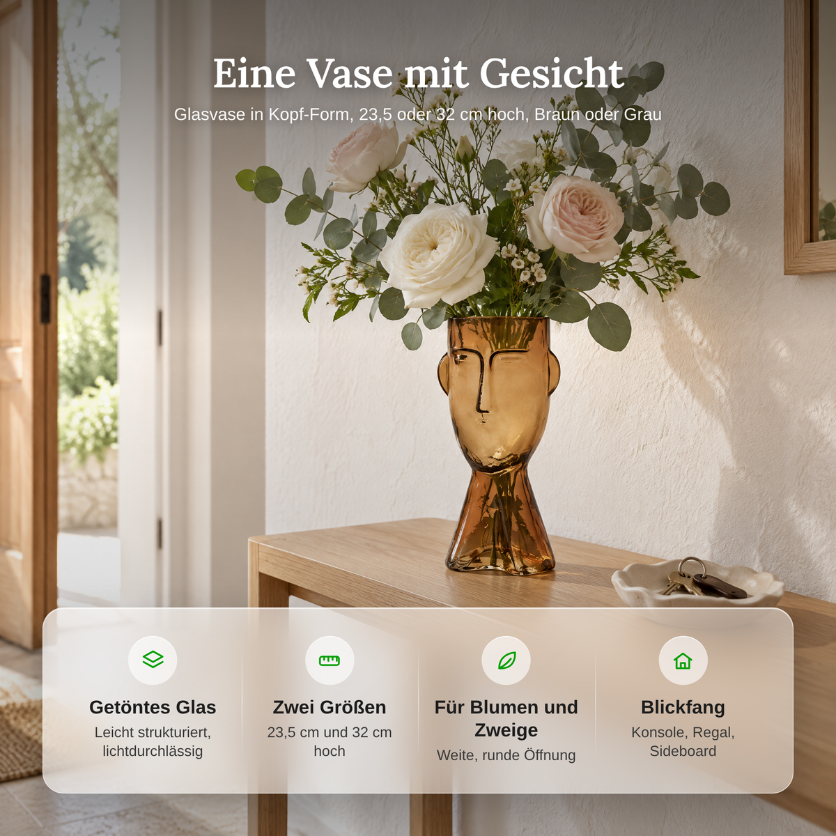 Vorteile der Glasvase in Kopf-Form: getöntes Glas, zwei Größen 23,5 und 32 cm, für Blumen und Zweige