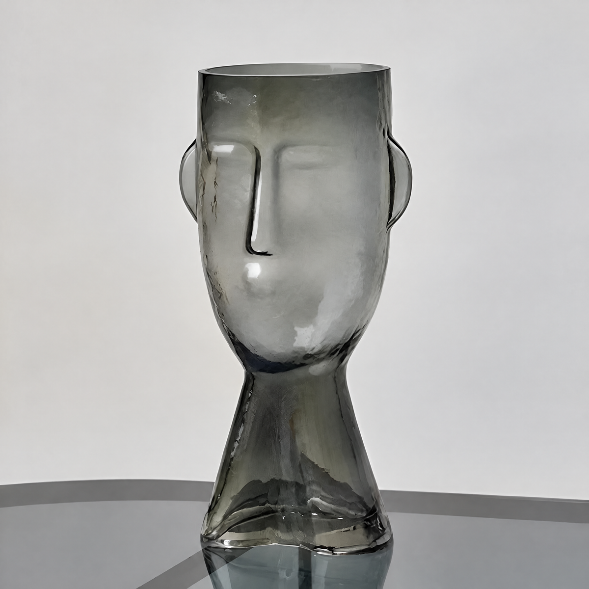 Graue Glasvase in Kopf-Form, Größe L, 32 cm hoch