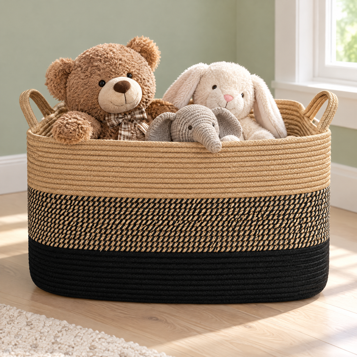 Großer Aufbewahrungskorb aus Seil in Leinen Schwarz mit Kuscheltieren im Kinderzimmer