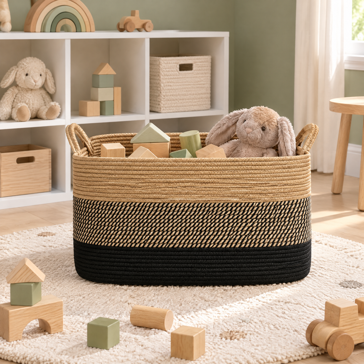 Aufbewahrungskorb mit Holzbausteinen vor einem Spielregal im Kinderzimmer