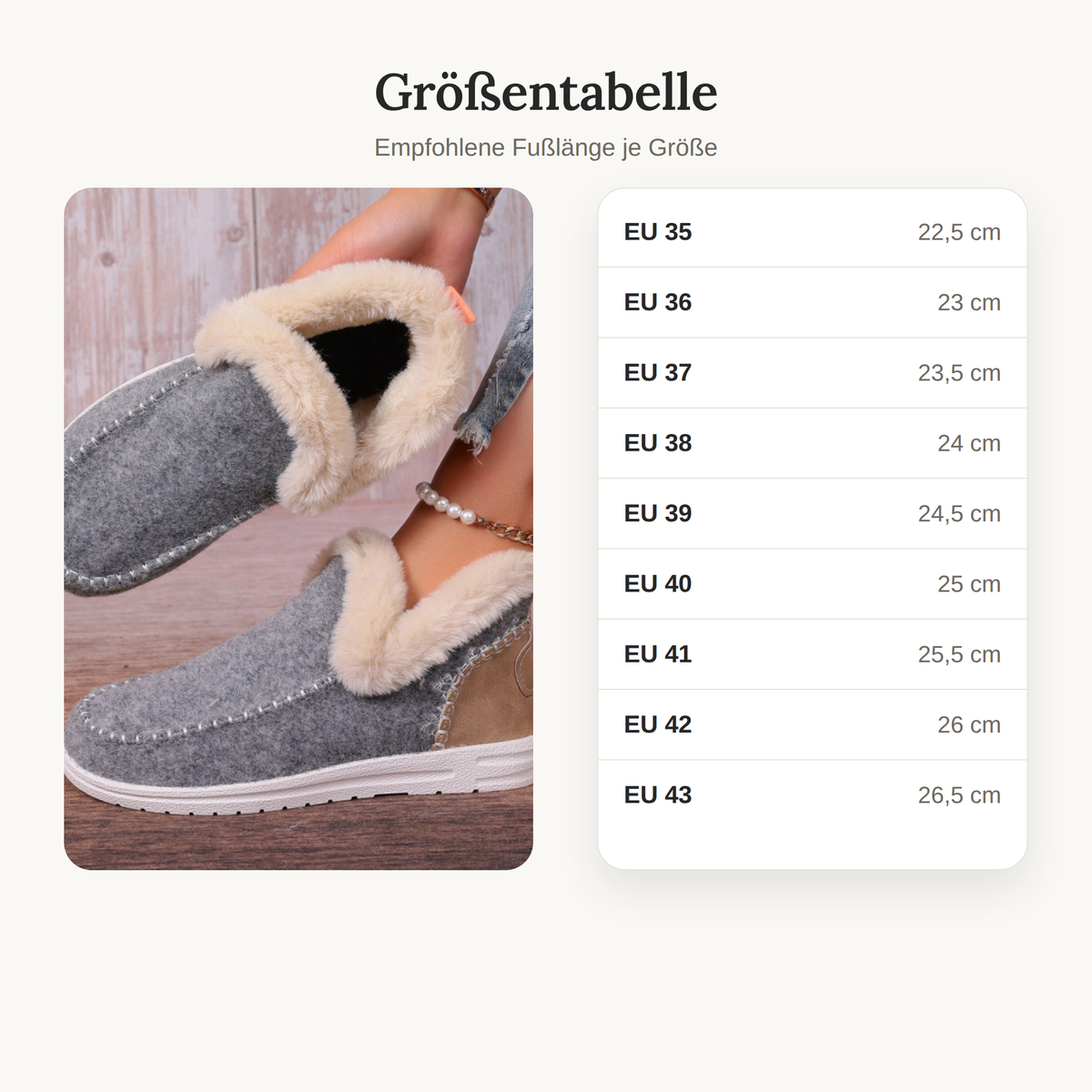 Größentabelle der Hausschuhe Damen: Größe 35 bis 43 mit Fußlänge 22,5 bis 26,5 cm