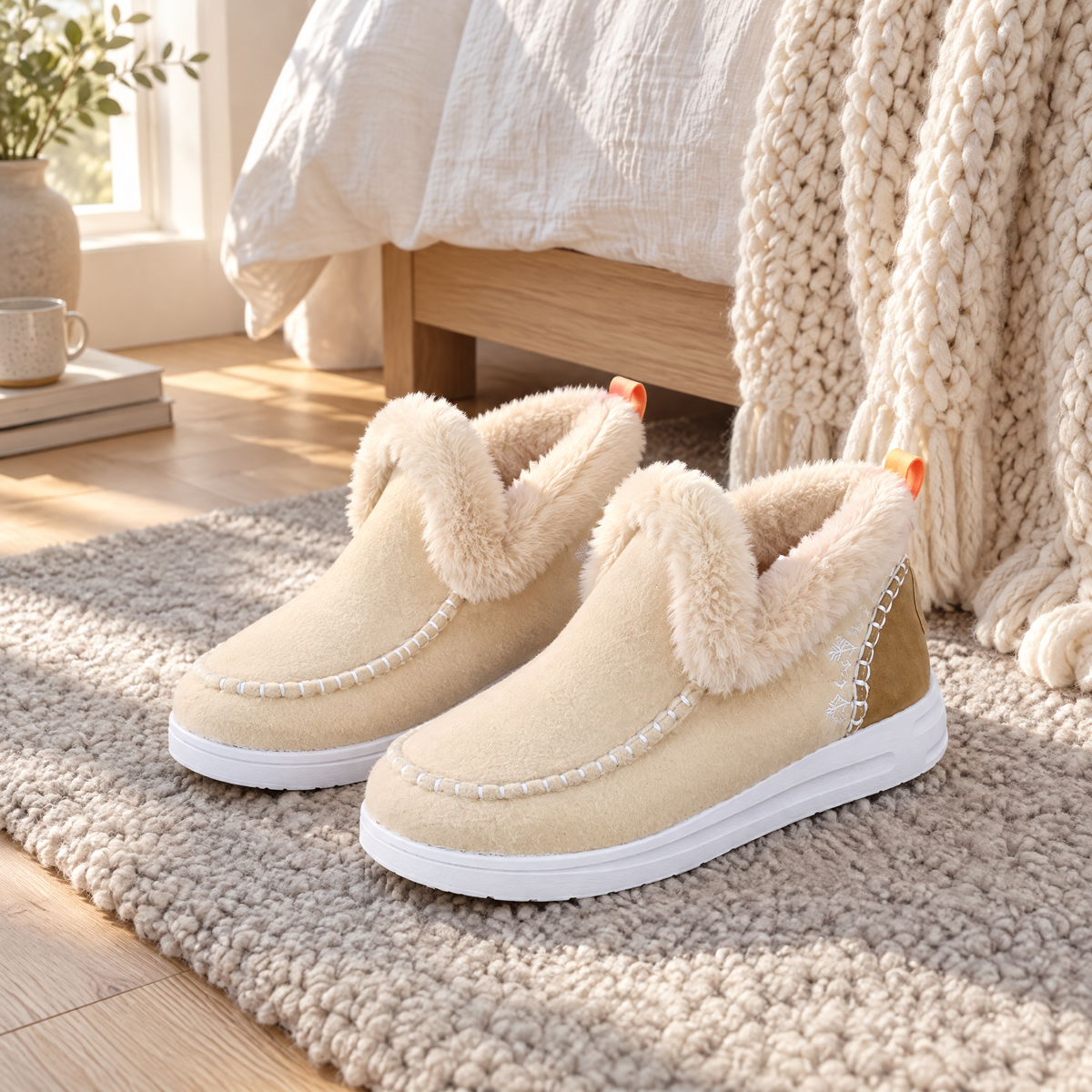 Hausschuhe Damen in Beige mit Kunstfell auf dem Teppich vor dem Bett im gemütlichen Schlafzimmer