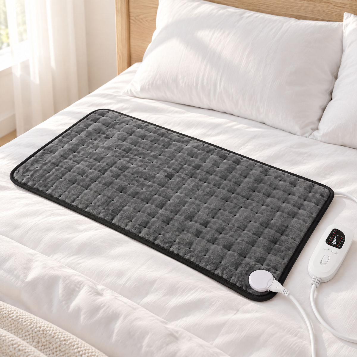 Heizkissen in Dunkelgrau auf dem Bett im hellen Schlafzimmer, mit weißem Handregler und weißem Kabel
