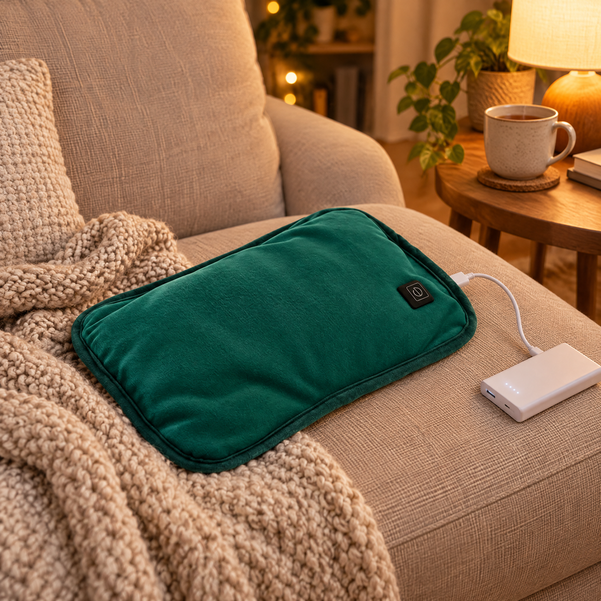 Heizkissen in Dunkelgrün auf dem Sofa neben einer Strickdecke, per USB an einer Powerbank