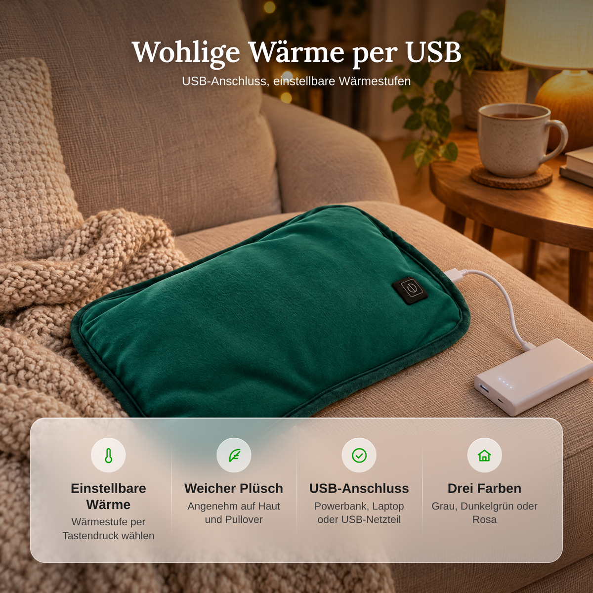 Vorteile des Heizkissens im Überblick: einstellbare Wärme, weicher Plüsch, USB-Anschluss, drei Farben
