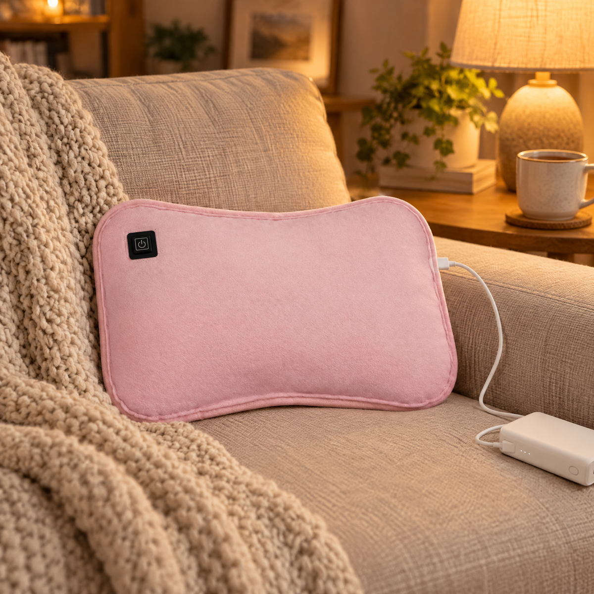 Heizkissen in Rosa auf dem Sofa mit Strickdecke, per USB-Kabel an einer Powerbank