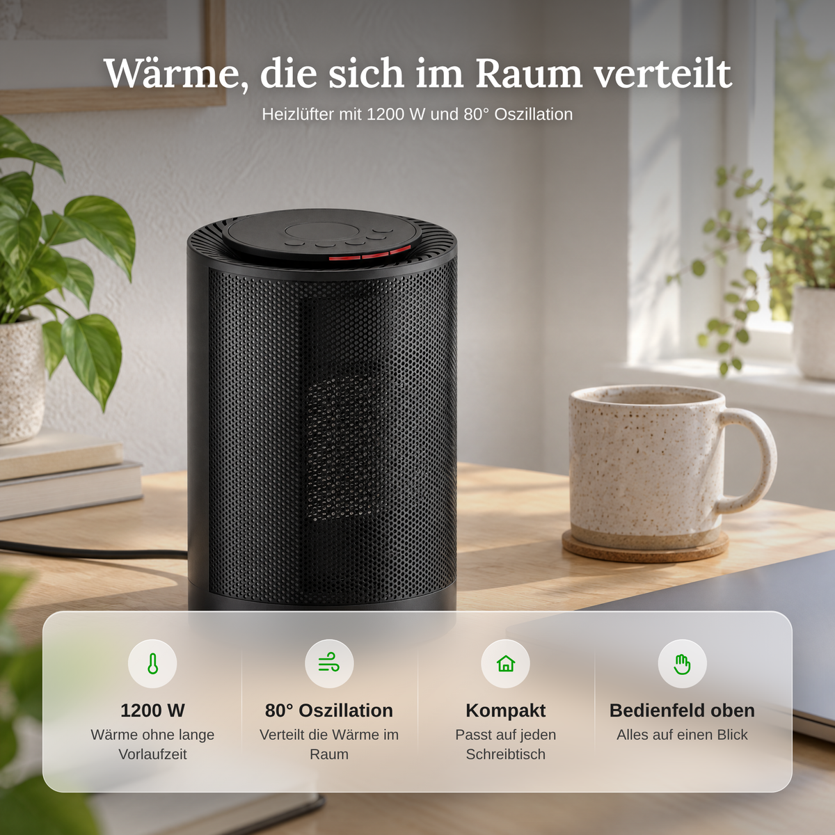 Merkmale des Heizlüfters: 1200 W, 80 Grad Oszillation und Bedienfeld oben