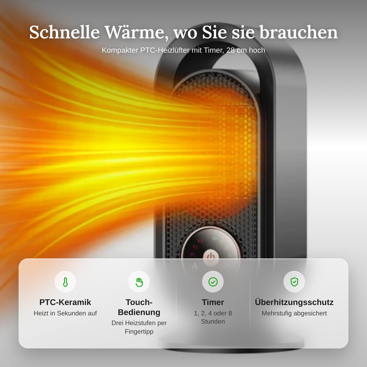 Merkmale des Heizlüfters: PTC-Keramik, Touch-Bedienung, Timer und Überhitzungsschutz
