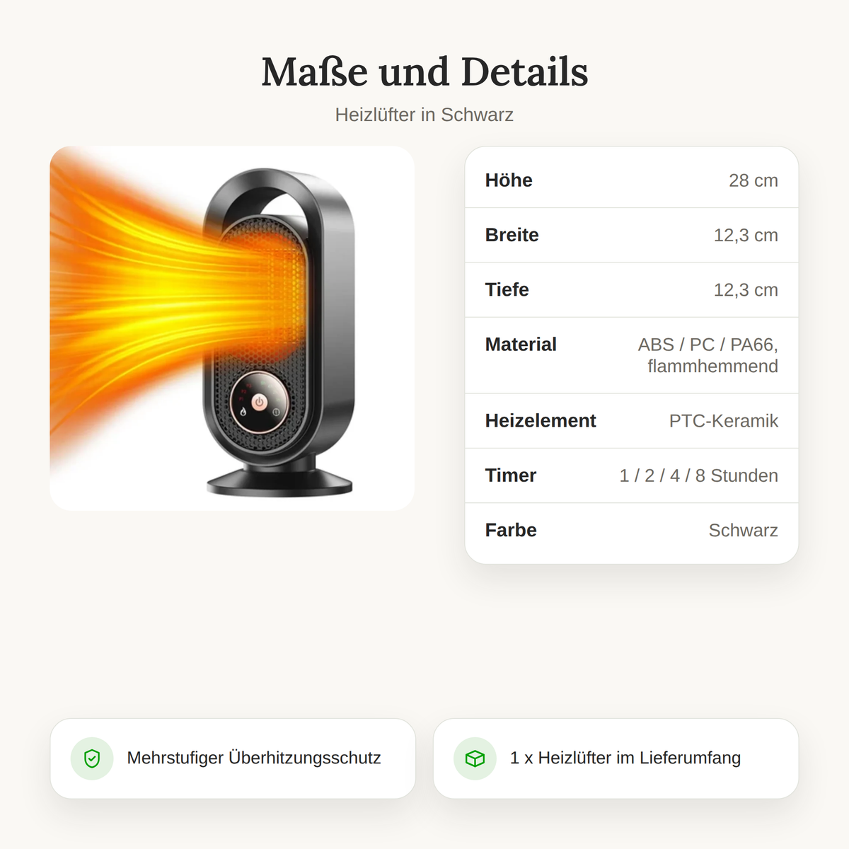 Maße und Details des Heizlüfters in Schwarz