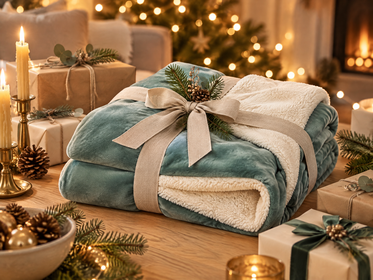 Sherpa-Decke mit Schleife zwischen Weihnachtsgeschenken