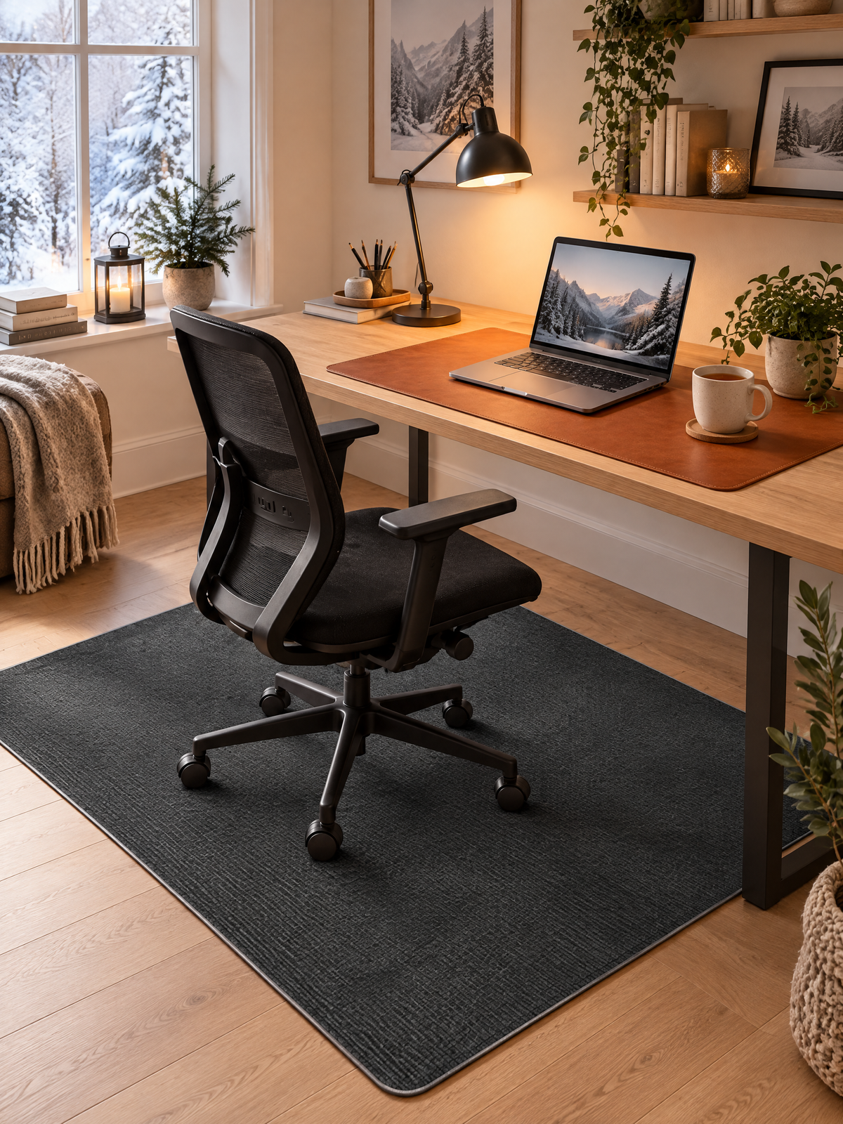 Arbeitszimmer mit Schreibtisch und Leuchte