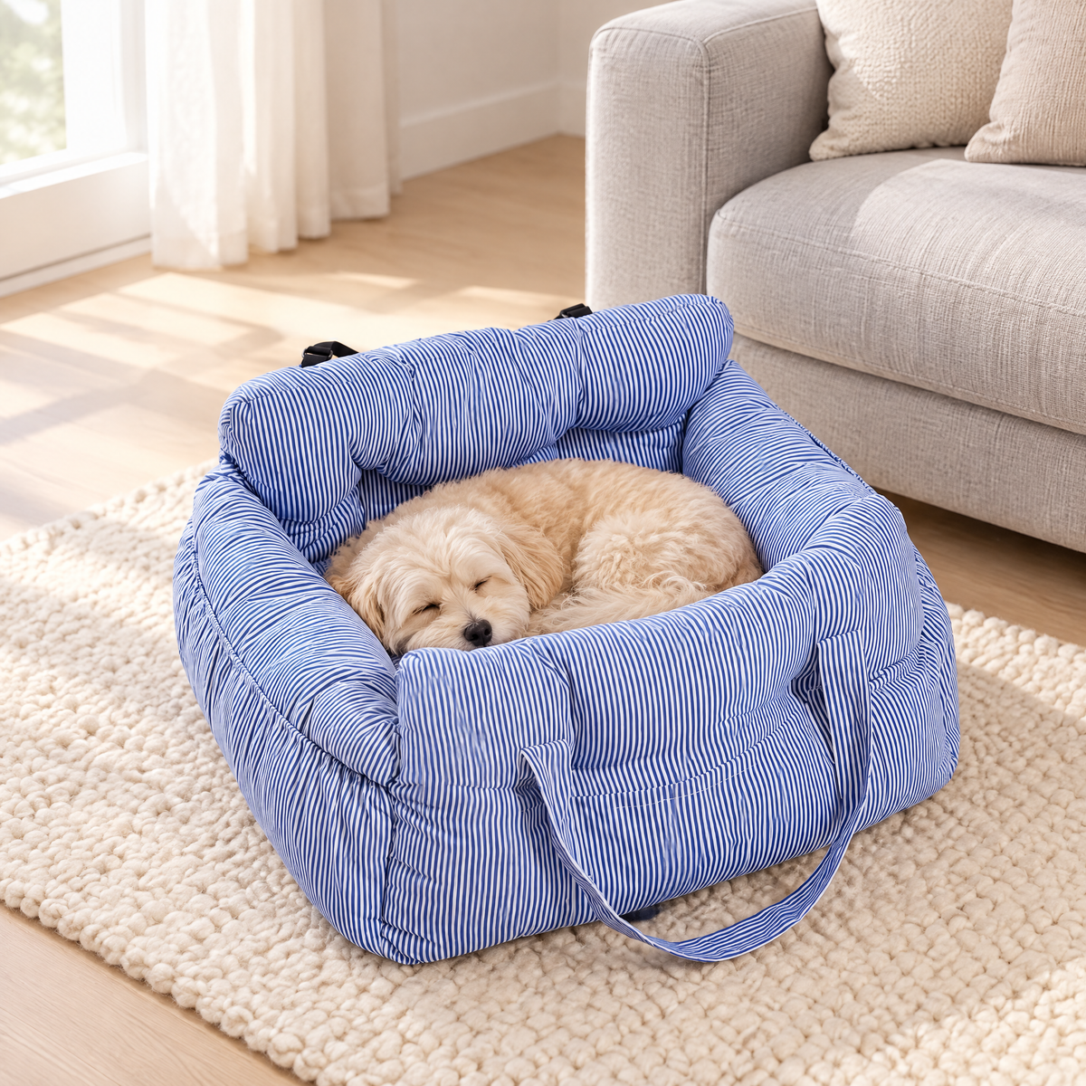 Hunde Autositz als Hundebett im Wohnzimmer auf einem Wollteppich