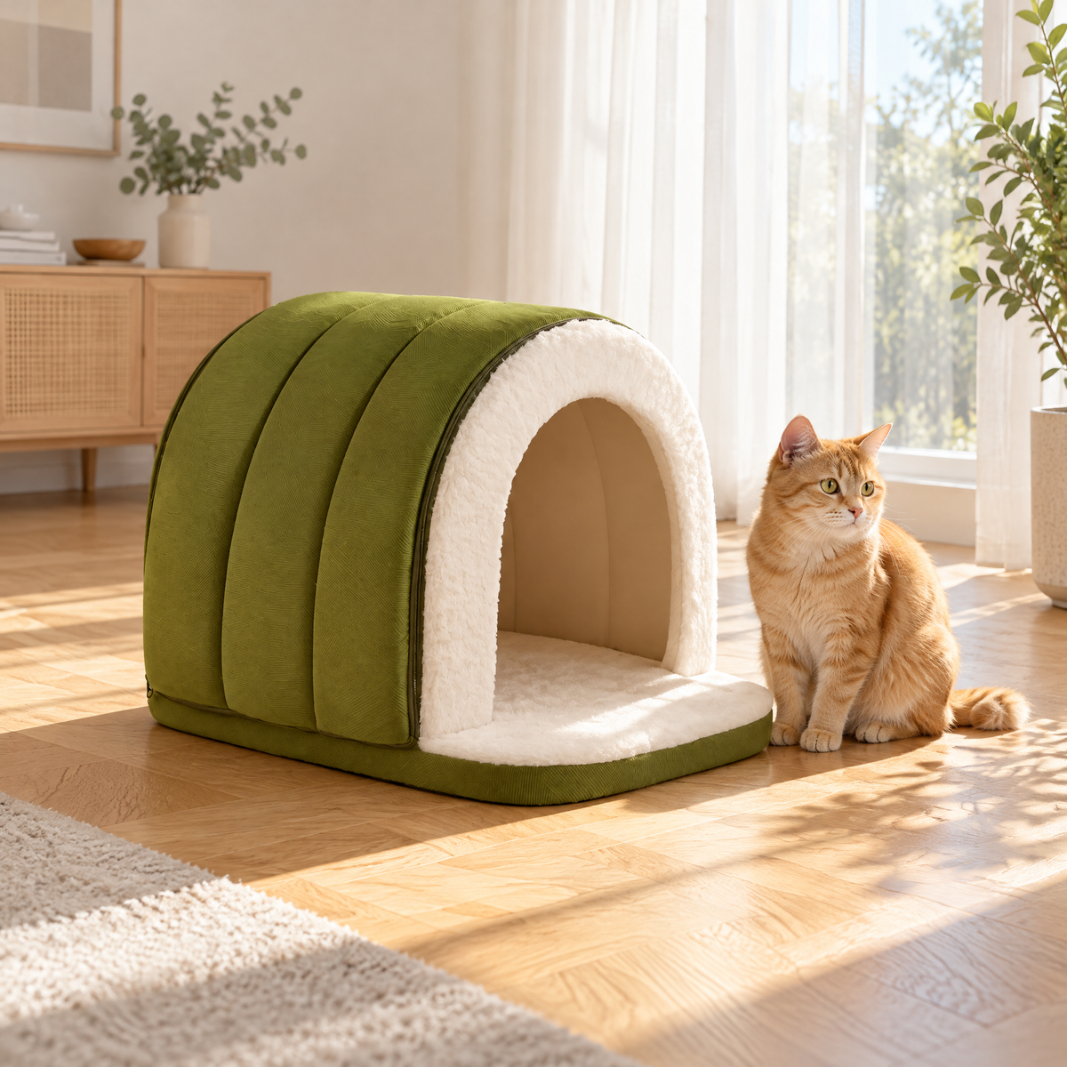 Grünes Hundebett mit Dach am Fenster, daneben sitzt eine Katze