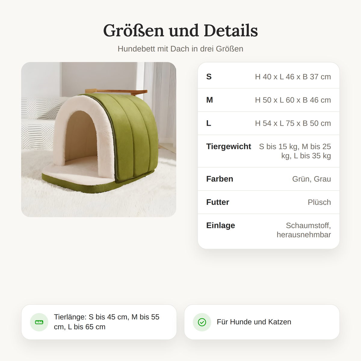 Größentabelle des Hundebetts mit Dach: S, M und L mit Maßen und Tiergewicht