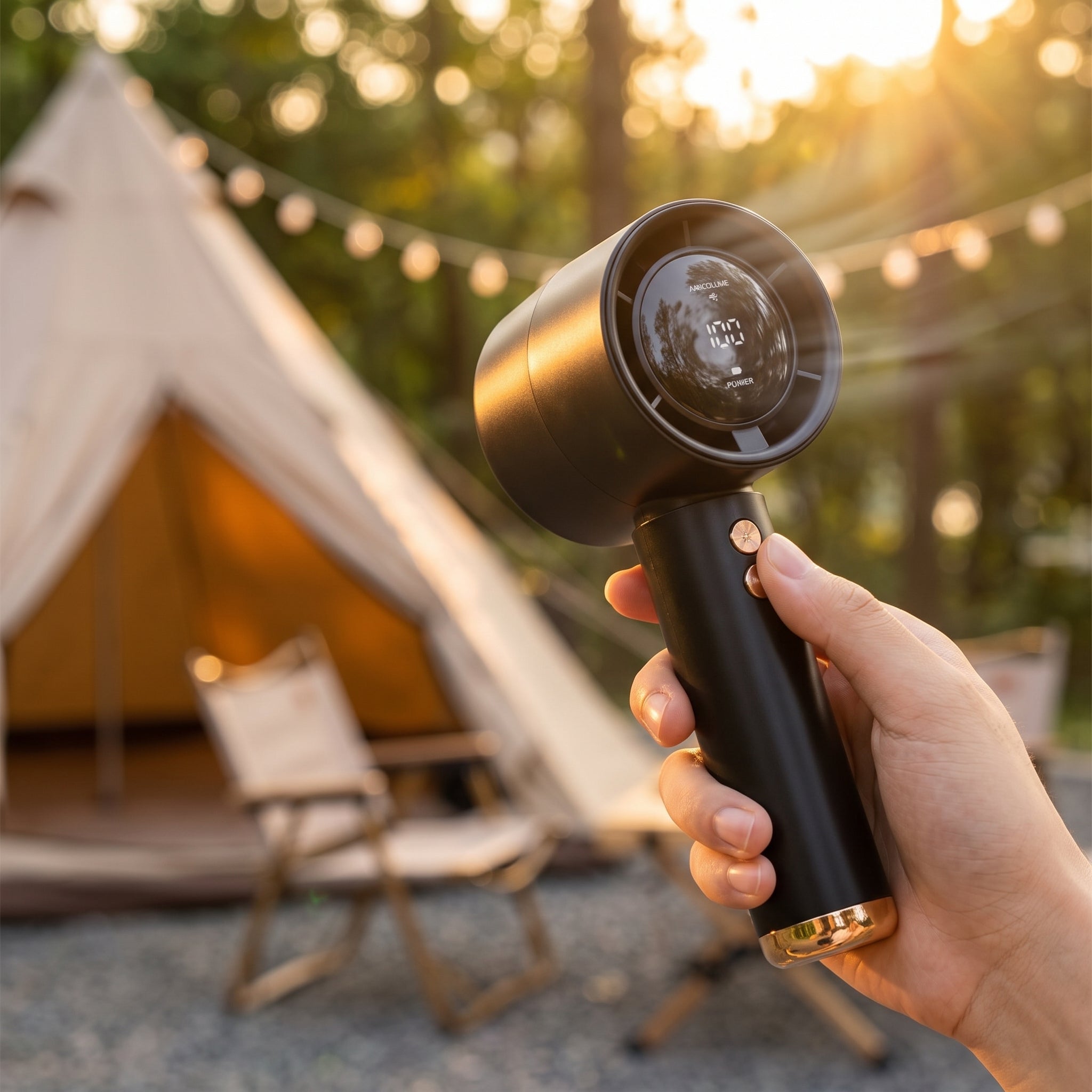 Tragbarer Handventilator beim Camping