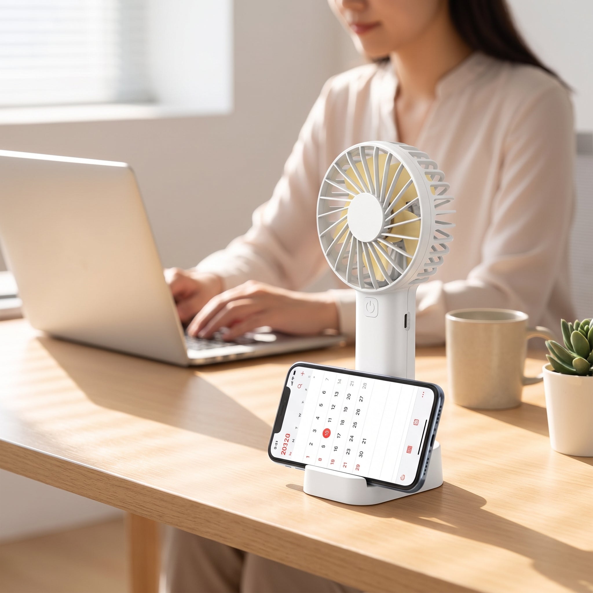 Weisser USB-Handventilator mit Telefonhalter auf dem Schreibtisch