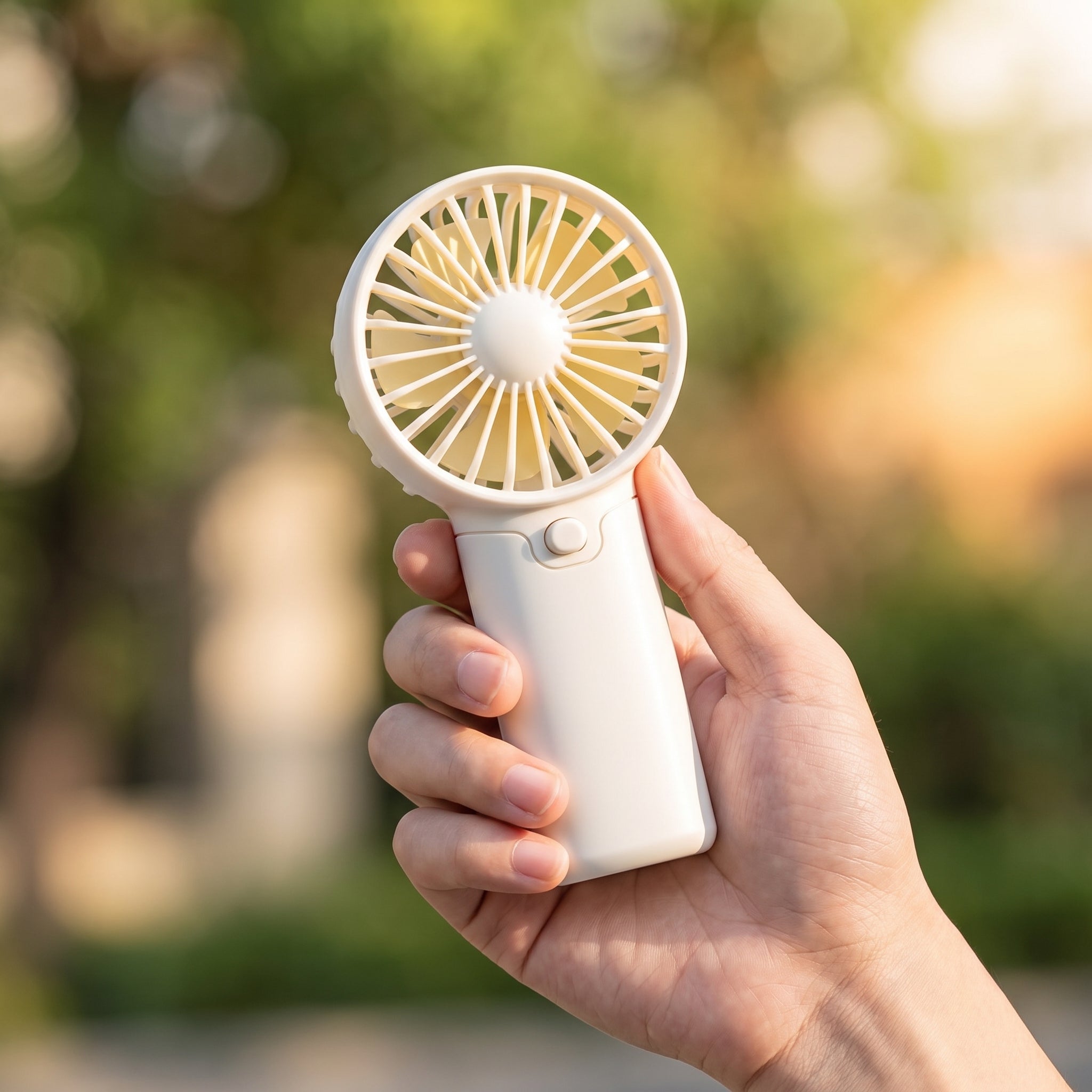 Kompakter Mini-Handventilator in der Hand im Freien